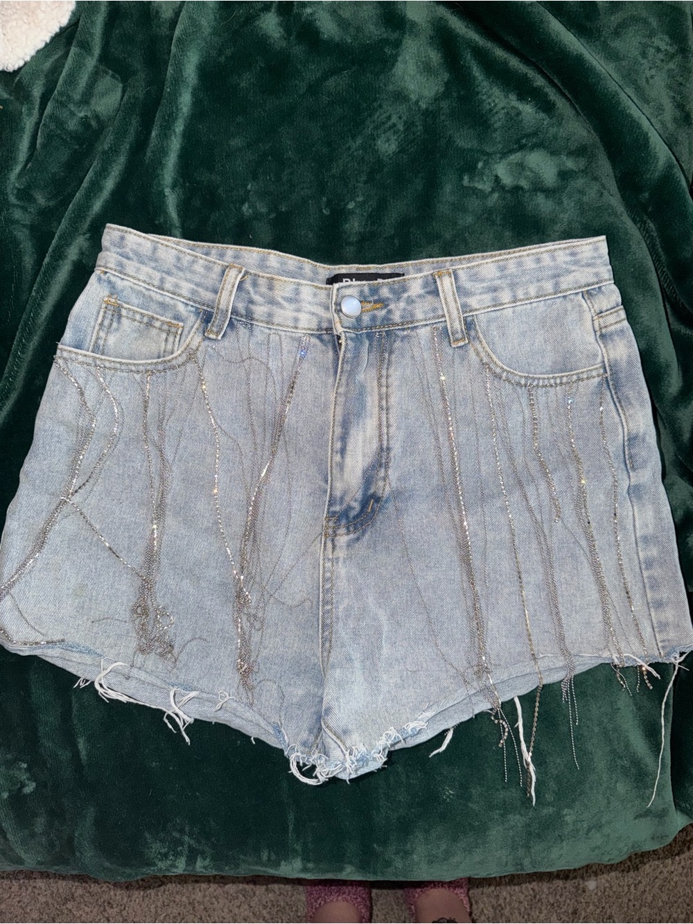 Light Wash Denim Jean Shorts with Silver Chain Accents